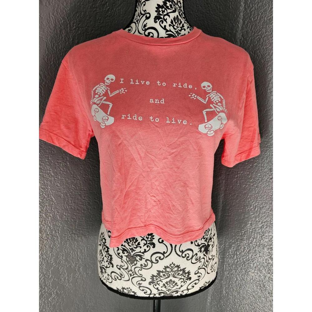 Women's Riot Queen Crop Top Pink Size Small Skeletons Skateboarding Live To Ride